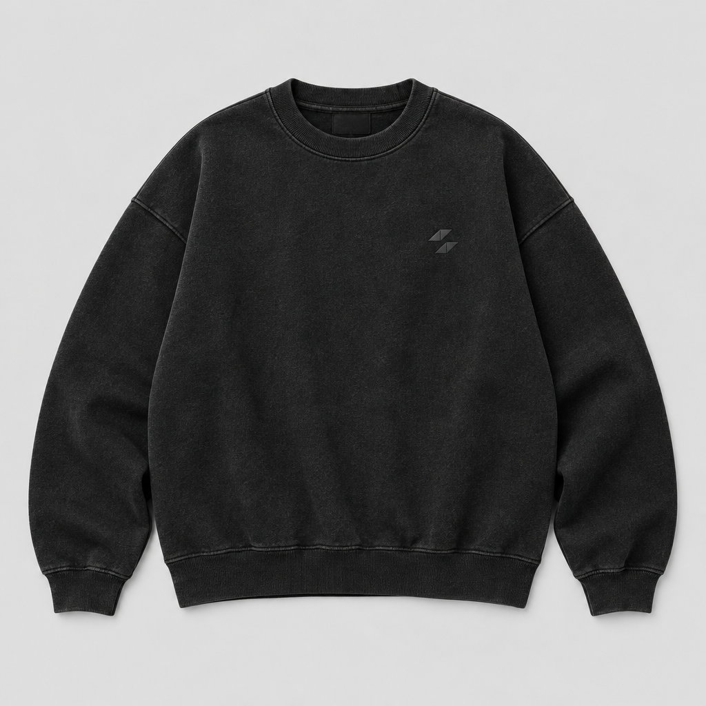 Oversized black Sapphire Records crewneck with small tonal chest logo
